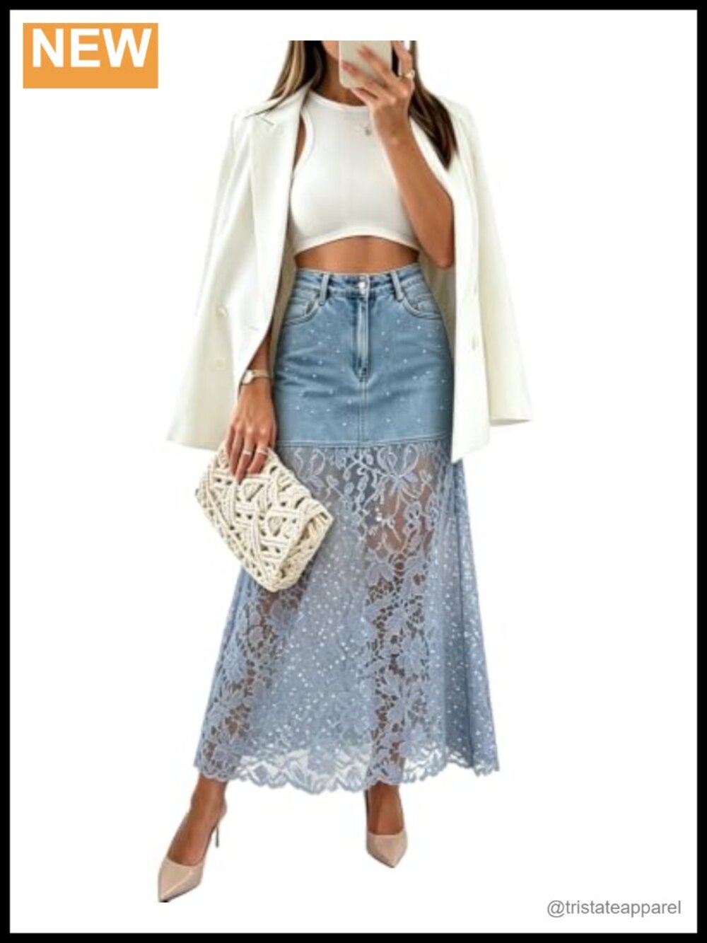 High Waist Denim Lace Patchwork Midi Skirt Rhinestone Y2K A-Line